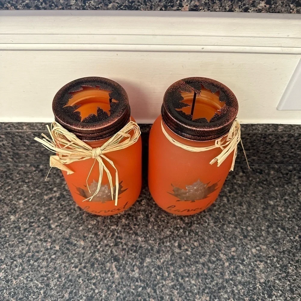 Orange Glass Jar Candle Holders 2ct